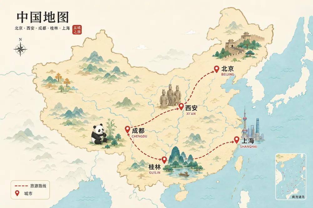 Map of a 10-day family China tour route through Beijing, Xi'an, Chengdu and Shanghai