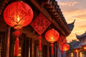 Red Chinese lanterns and paper-cut decorations hanging under a traditional roof at dusk during Lunar New Year
