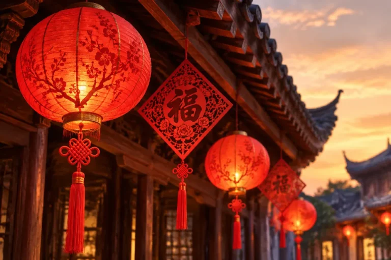Red Chinese lanterns and paper-cut decorations hanging under a traditional roof at dusk during Lunar New Year