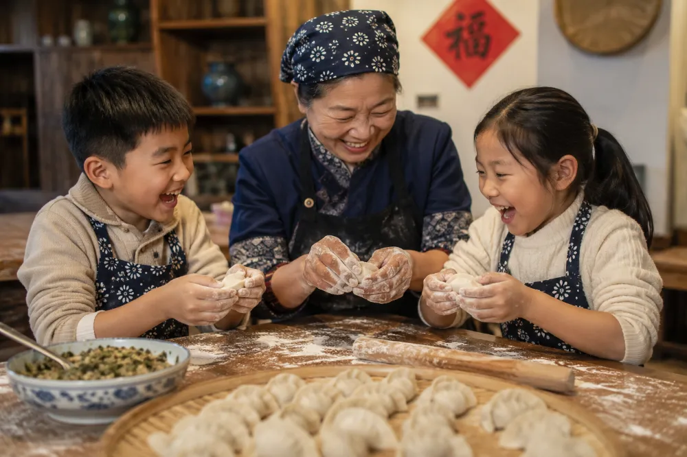 Kids learning to make dumplings during a family-friendly China tour activity