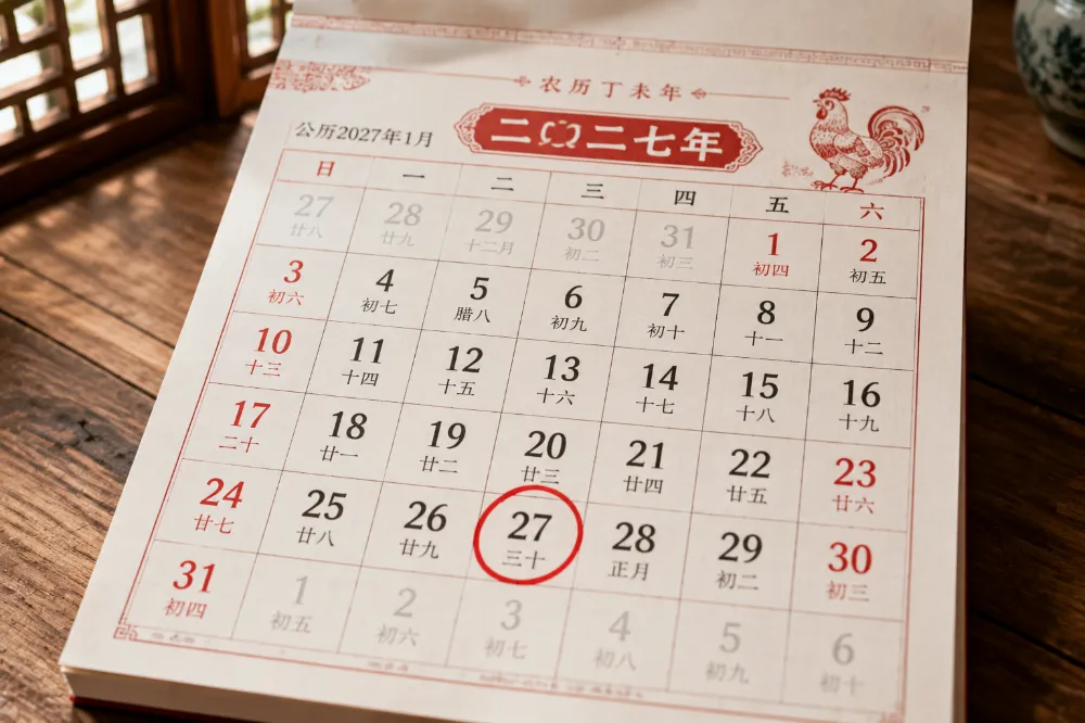 Traditional Chinese lunar calendar with the 2027 Lunar New Year date circled in red