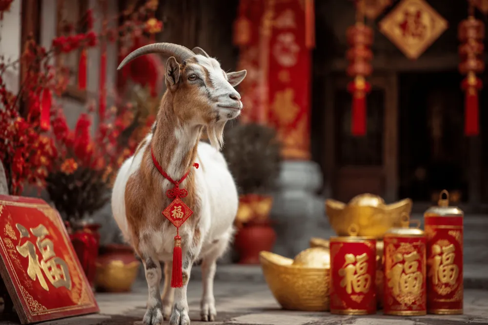 A goat in a red and gold celebratory setting representing the Year of the Fire Goat for Lunar New Year 2027