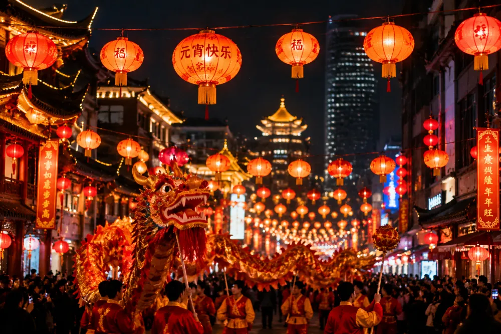 A Chinese city street lit up with red and gold lanterns during the Lantern Festival that ends Lunar New Year 2027