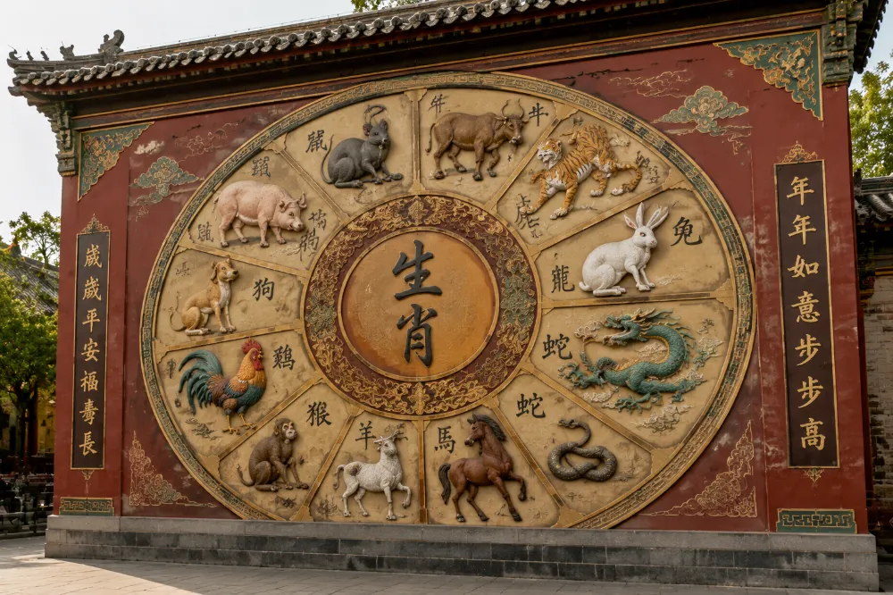 Traditional Chinese zodiac wheel showing the 12 zodiac animals, used to determine the Year of the Goat for 2027