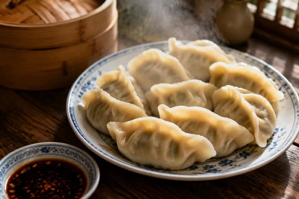 A plate of freshly steamed Chinese dumplings with soy-vinegar dipping sauce, a traditional Lunar New Year dish