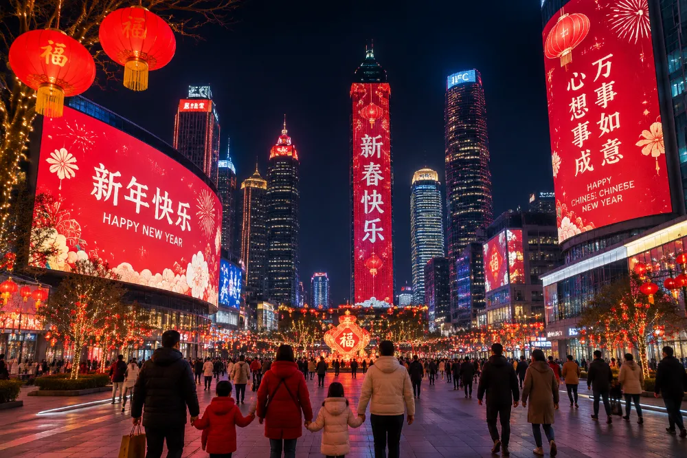 A modern Chinese city celebrating Lunar New Year 2027 with skyscrapers lit up with red lanterns and LED screens
