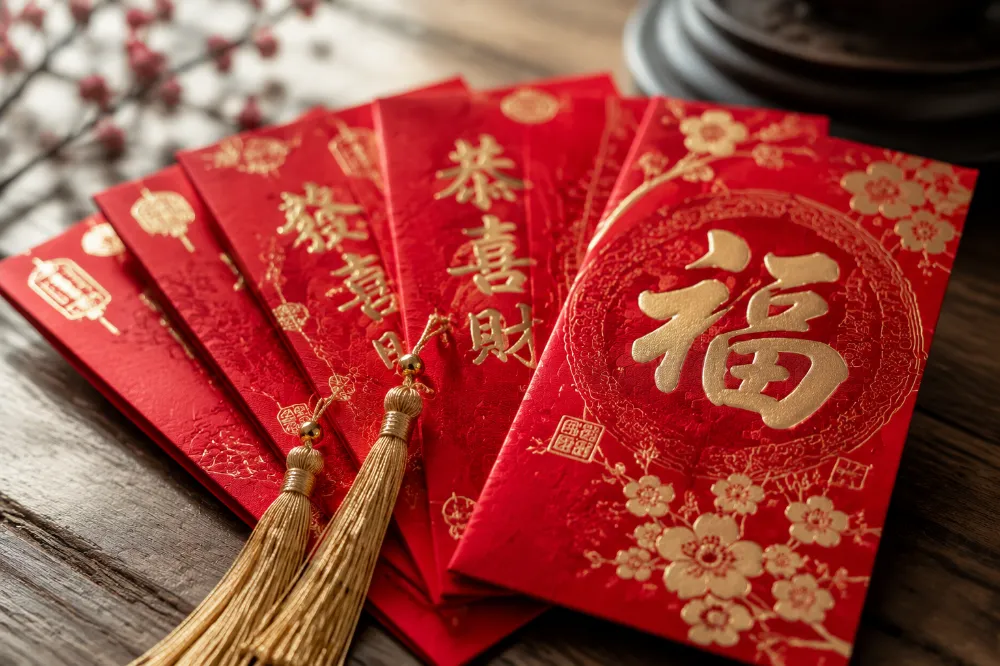Red Chinese New Year hong bao envelopes fanned out on a wooden table, a Lunar New Year tradition