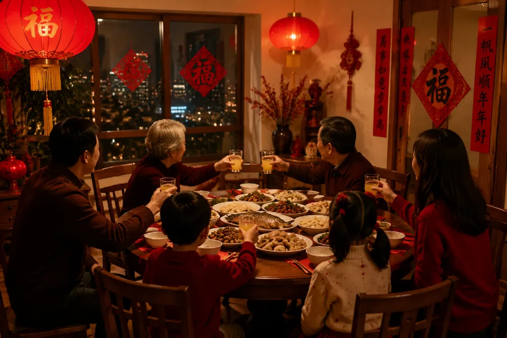 A Chinese family gathered around a round table for the Lunar New Year 2027 reunion dinner with traditional dishes