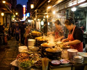 Night food stalls in Chaozhou old city serving Teochew snacks and street food
