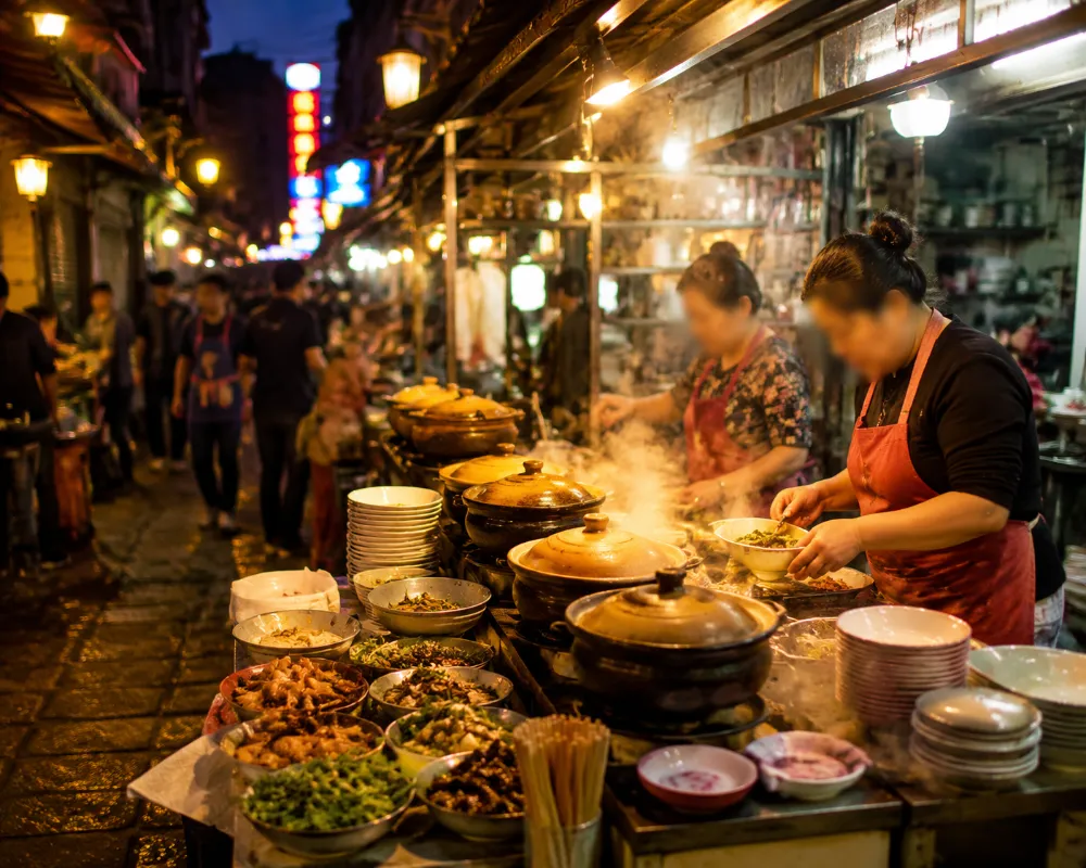 Night food stalls in Chaozhou old city serving Teochew snacks and street food