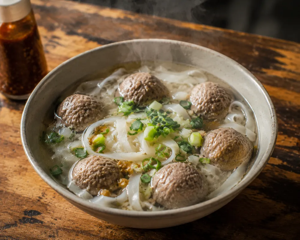 Bowl of Teochew hand-beaten beef balls in clear broth with rice noodles, a classic Chaozhou street food breakfast