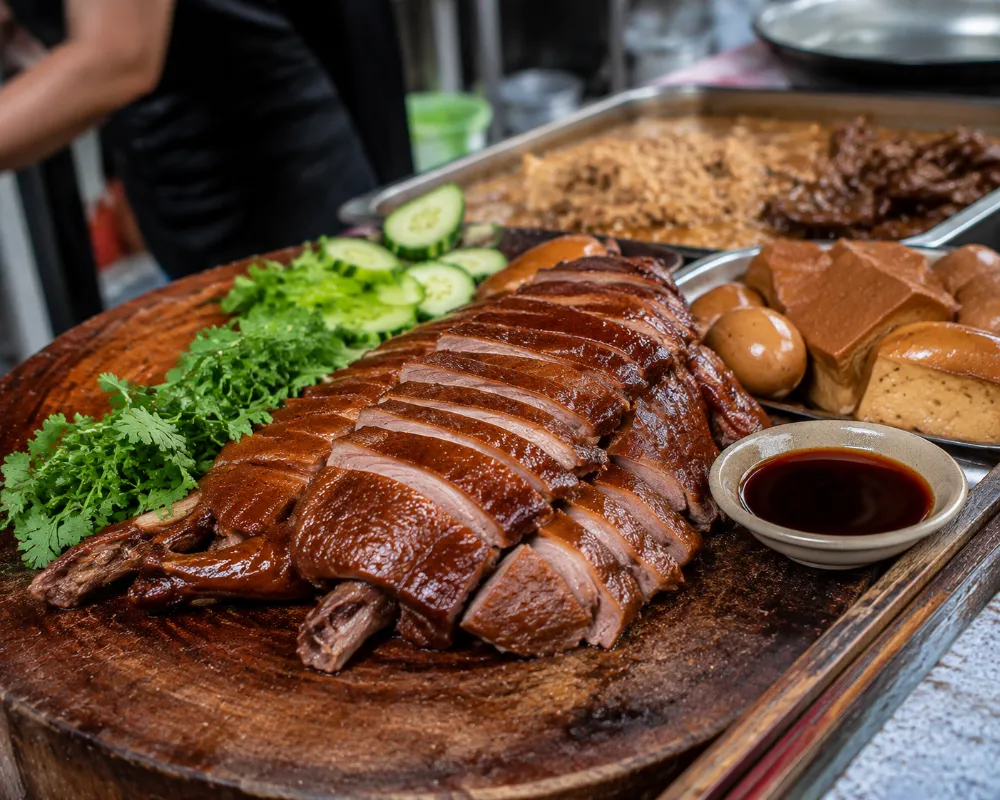 Sliced Teochew braised lion-head goose with glaze sauce at a Chaozhou street market stall