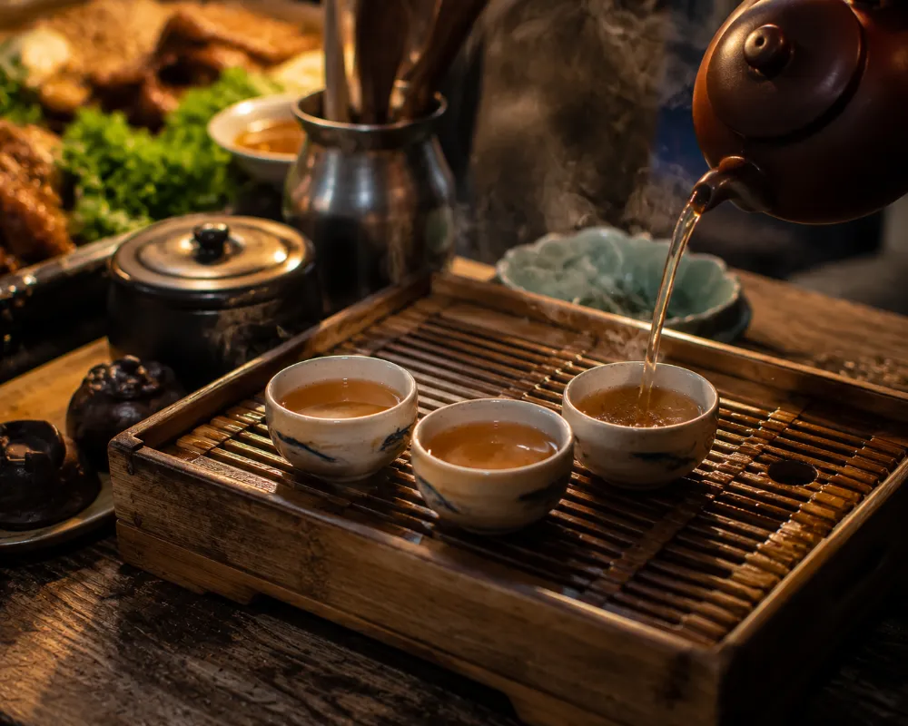 Traditional Gongfu tea ceremony at a Chaozhou street food stall, an essential ritual alongside Teochew snacks