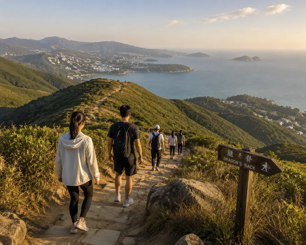 Hikers enjoying clear, dry November weather on Dragon's Back trail in Hong Kong