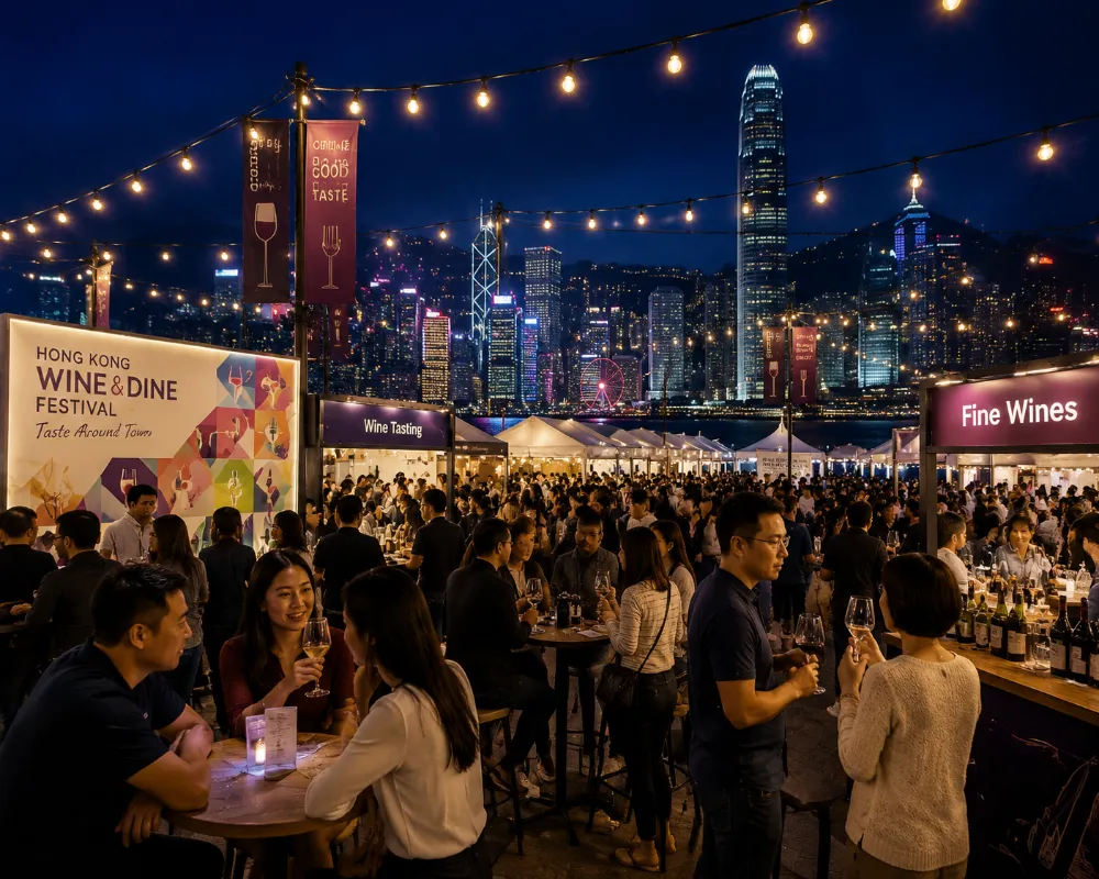 Outdoor food and wine festival at Hong Kong's Central Harbourfront during mild November evening weather