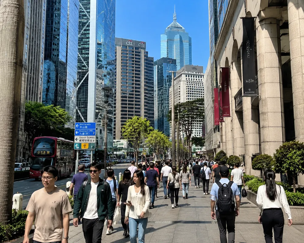 Pedestrians in light layers walking through Central Hong Kong during dry, low-humidity November weather