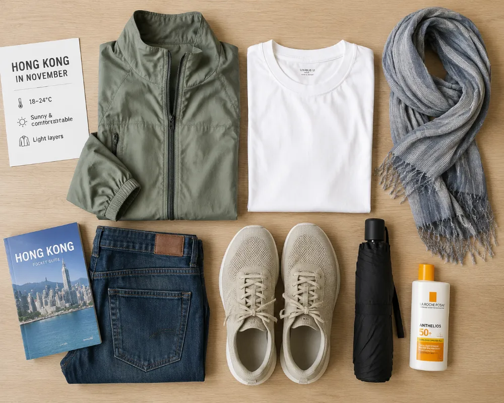 Packing list layout for visiting Hong Kong in November, including light jacket and comfortable shoes